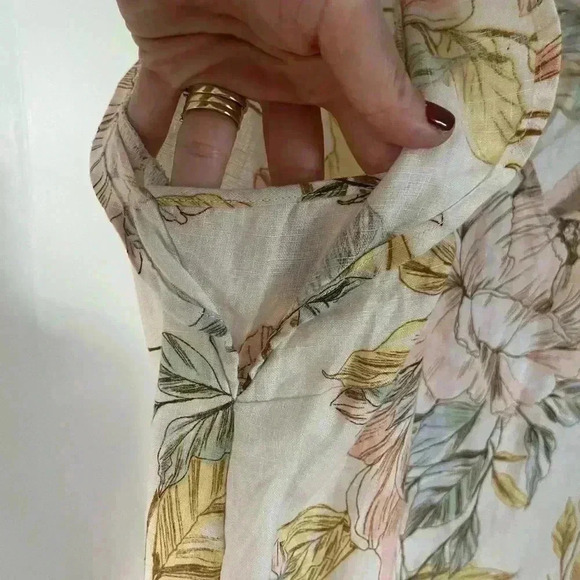 NICOLE MILLER butter yellow petal pink Floral 100% Linen dress flutter sleeve S - Picture 3 of 8